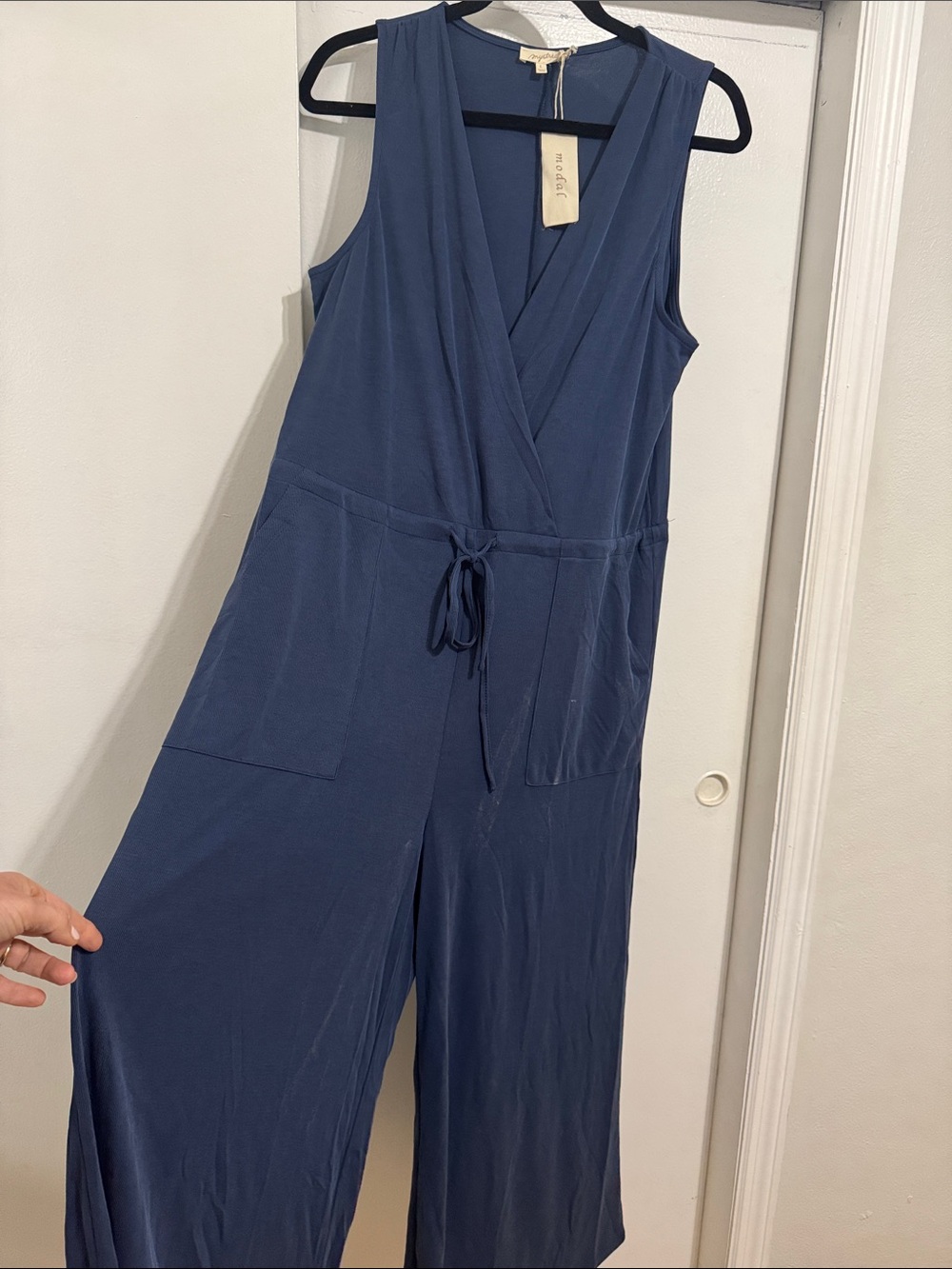 Mystree Sleeveless Wrap Jumpsuit in Navy Blue with Drawstring